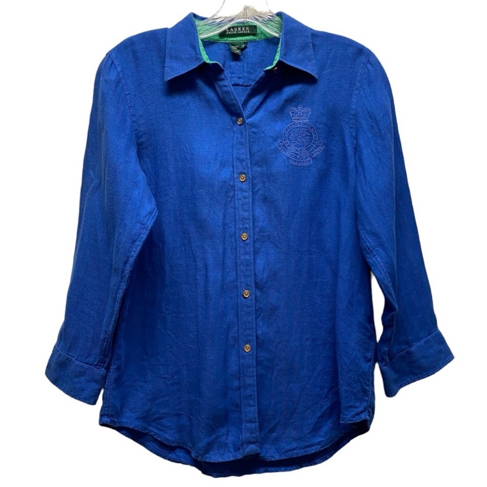 Lauren Ralph Lauren Classic Button Up Linen Shirt Embroidered Crest S Royal Blue - Picture 2 of 6